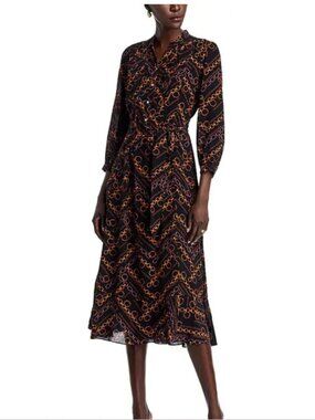 Elie Tahari Black Chain-Print Button Front Shirt Midi Dress Size L NWT